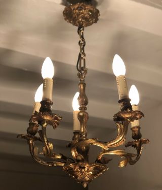 Vintage French Bronze Chandelier 5 Arm Crystal Ceiling Light