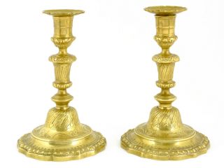 Small Pair 18th Century Engraved Gilt Brass Candlesticks