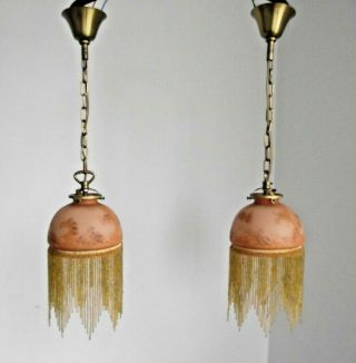 Pair French Vintage Amber Glass Ceiling Lights With Glass Beaded Fringe 1523