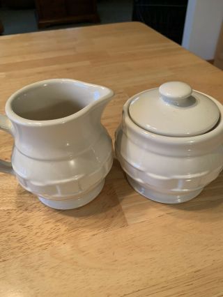 Longaberger Pottery Ivory Woven Traditions Sugar Bowl With Lid And Creamer Set