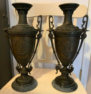 Pair Antique Bronze Amphora Urns Greek Revival 19th C.  Neoclassical Mythological