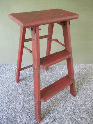 Antique 3 - Step Folding Stool Primitive Stepstool Vintage Wood Ladder,  Red Paint