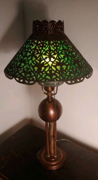 Antique Circa 1920s Art Deco Hubbell Bronze Library Lamp - Ornate Cutout Shade