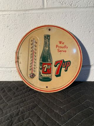 Rare 1940’s 7up Metal Thermometer “we Proudly Serve” Vintage