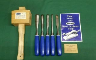 Vintage Marples M260 Set Of 6 Carving Tools With Marples Carving Mallet Iob