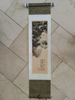 Old Chinese Scroll Painting Of Landscape W/ Writing Porcelain Poem Hand Painted