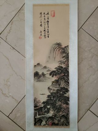 Old Chinese Scroll Painting of Landscape w/ Writing Porcelain Poem Hand Painted 2