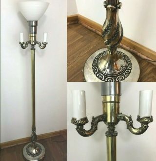 Vtg Ornate Torchiere Floor Lamp Glass Shade Hollywood Regency Candles Brass Tone