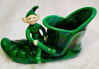 Vintage Pixie Shoe Planter Vase Christmas Elf Gnome Green Decor Ceramic Pottery