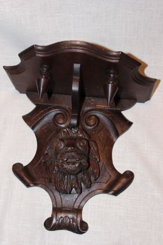 Antique Walnut/oak Black Forest Lion Head Carving - Wall Mount Shelf/clock Shelf