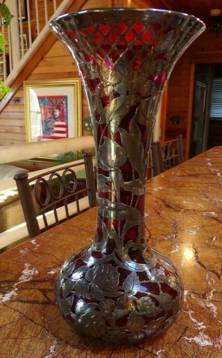 Alvin Sterling Silver Overlay Ruby Glass Vase