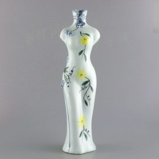Collect Old Porcelain Carve Cheongsam Statue Paint Blooming Flower Delicate Vase