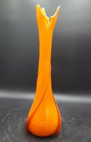 Tall Bright Orange Cased Italian Glass Vase Applied Trails Vintage Murano 70 