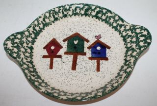 Vtg Ceramic Pie Plate W/hand Painted Bird Houses - Green - Spongeware Rim - 10 " - Euc