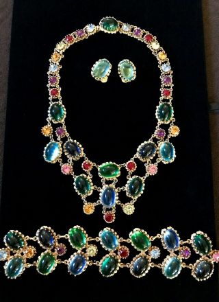 Rare Vintage Hattie Carnegie " Gripoix Glass " Necklace Bracelet & Earring Parure