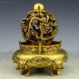 Old China Brass Copper Hand Carved Dragon Lion Turn Incense Burner