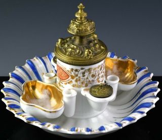Very Fine 19thc Russian Or French Porcelain Enamel Gilt Bronze Inkwell Ink Stand
