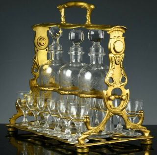 C1900 Art Nouveau French Gold Gilt Bronze & Glass Decanter Tantalus Set