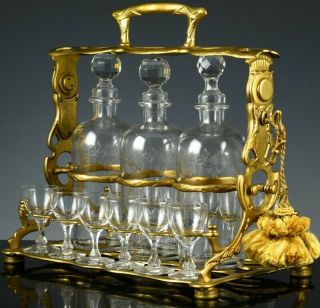 c1900 ART NOUVEAU FRENCH GOLD GILT BRONZE & GLASS DECANTER TANTALUS SET 2