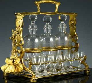 c1900 ART NOUVEAU FRENCH GOLD GILT BRONZE & GLASS DECANTER TANTALUS SET 3