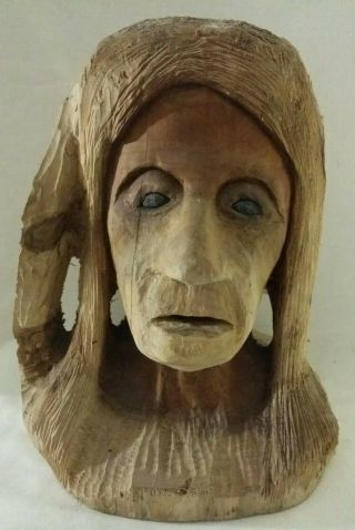 Indian Head Bust Hand Carved Folk Art Vintage Wood Native American