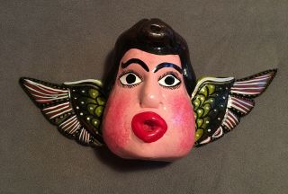 Large Hand - Carved Wood Cherub Mask Mexican Folk Art Winged Chubby Cheeks 17”