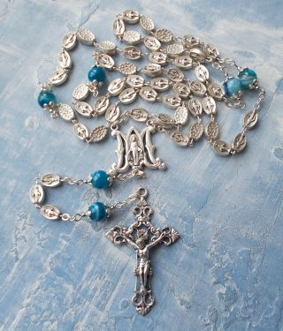 Silver Italy Catholic Our Lady Of Grace Mary Rosary Crucifix Cross Agate Beads