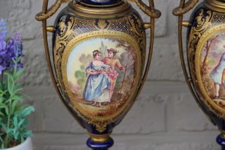 PAIR sevres porcelain cobalt blue victorian romantic scene vases 3