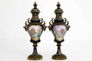 Pair French Cobalt Blue Porcelain De Sevres Vases Romantic Victorian Scene