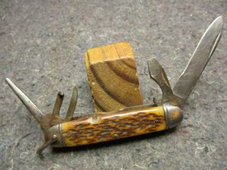 Vintage Pocket Knife/4 Bl.  /camillus Cutlery Co.  /nice Brown Bone/camp Knife/nice