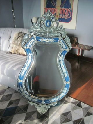 Antique Vintage Venetian Etched Glass Turquoise Wall Mirror