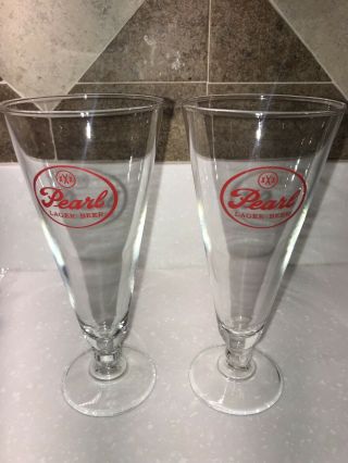 Vintage Pearl Beer Pilsner Glasses 7.  5” Footed Lager W/red Logo