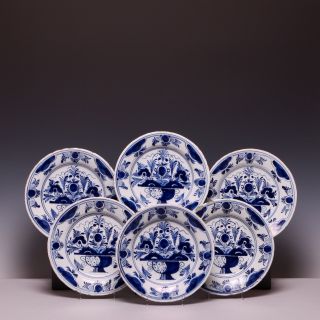 Set Of 6 Large Dutch Delft Blue Plates,  Flower Basket,  18th Century.