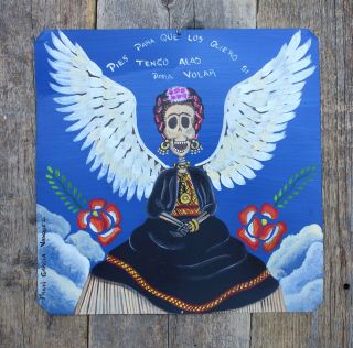Tin Painting Retablo Day Of The Dead Frida Kahlo & Angel Wings Mexican Folk Art
