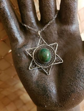Vintage Antique Sterling Silver Green Turquoise Star Of David Necklace Israel