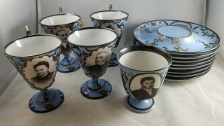 Antique French Porcelain Teacups Silver Overlay Demitasse Argent Fin Signed Blue