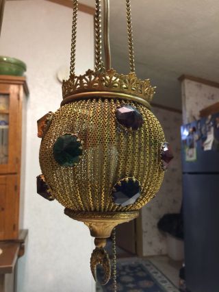 Vintage Jeweled Brass Ormolu Filigree Hanging Fairy Lamp Rare Hubbell