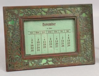 Antique Tiffany Studios Bronze Green Slag Glass Grapevine Desktop Calendar Frame