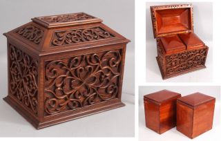 Antique 19thc Hand Carved Mahogany,  Victorian Double Tea Caddy Box Chest