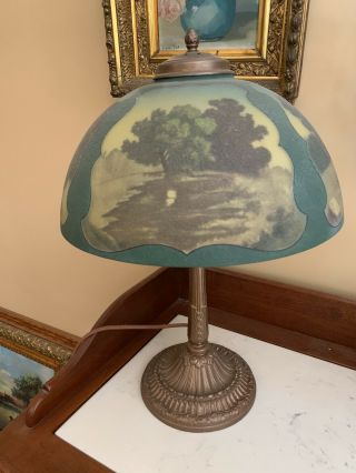 Antique Pittsburgh Reverse Painted Shade Desk Lamp Landscape Ice Chip 20” X 14”