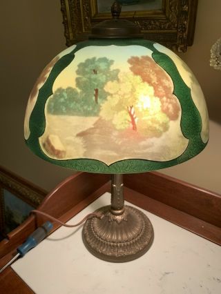 Antique Pittsburgh Reverse Painted Shade Desk Lamp Landscape Ice Chip 20” X 14” 2