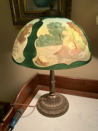 Antique Pittsburgh Reverse Painted Shade Desk Lamp Landscape Ice Chip 20” X 14” 3