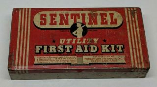 Vintage Sentinel Utility First Aid Kit Tin 1937 Litho Box Forest City Products