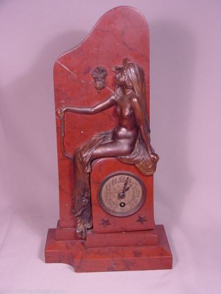 Antique Art Nouveau Nude Lady Bronze And Rouge Marble Clock