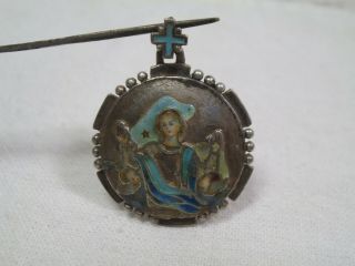 Antique Guilloche Enameled Sterling Catholic Saint Pendant - Mary W/angels - 1 " - Hg