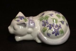 Vintage Andrea By Sadek Sleeping Cat Purple & White Floral Porcelain Figurine Ec