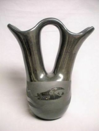 Vintage Black Santa Clara Pueblo Pottery Wedding Vase Signed Nicolasa Naranjo