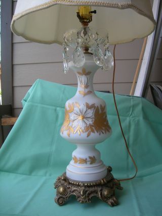 Antique Vintage Lamp White Frosted Glass Hand Painted Gold Crystal Brillance