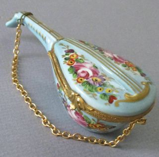 Vintage French Limoges Porcelain Hp Trinket Box Mandolin Shape Roses Gilt Chain