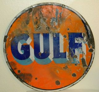 Vintage Gulf Double Sided 30 " Porcelain Metal Sign - Oil Gas Station Man Cave